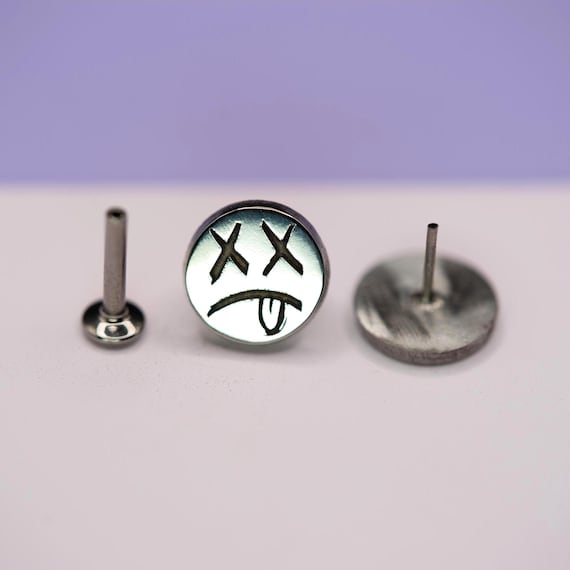 Emoji Face Earring, Titanium Dead Face Stud, Hypoallergenic Earring, Flat Back Cartilage Labret, Threadless Push Back, Sold Individually