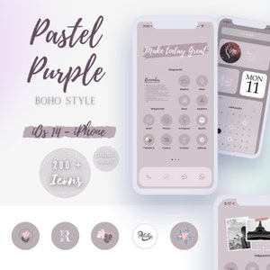 May include: A digital phone screen mockup with a pastel purple color scheme and a boho style. The screen displays a calendar, apps, and a widget with the text "Make today Great". The phone is surrounded by icons with floral and geometric designs. The text "200+ Icons" is visible in a circle.