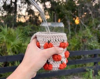Handmade Crochet Drink Koozie, Pumpkin Design, Tulip Stitch, Moss Stitch, Iced Glass Cup Cover