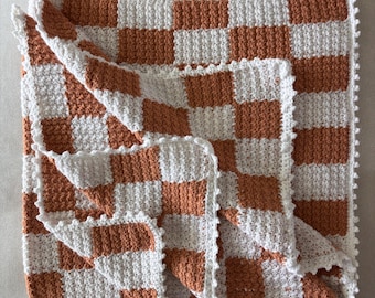 Handmade Crochet Gingham Blanket: Orange & White Checkered Plush Throw