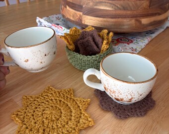 Handmade Crochet Sunflower Coaster Set – With Storage Basket