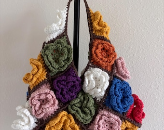 Blooming Flower Granny Square Shoulder Bag - Crochet Multicolored Handmade Flowers - 100% Cotton