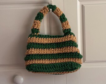 Crochet Striped Green and Tan Bell Hand Bag - Handmade Purse