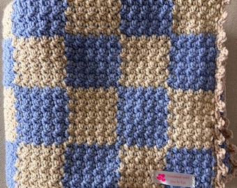 Handmade Crochet Gingham Blanket: Blue & White Checkered Plush Throw