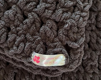 Handmade Crochet Plush Blanket, Dark Grey Throw, Winter Warmth