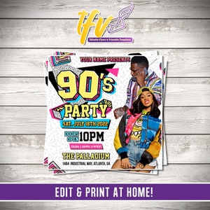 EDITABLE 90's Party Invitation - Club Flyer Template, 90's Theme Digital Invite, 90s Party Invitation, Printable, 90s Birthday Invite