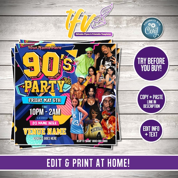 EDITABLE 90's Party Invitation Club Flyer Template 