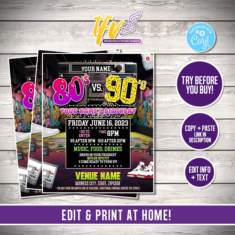 80s Vs 90s Party Invitation Template, Retro Party Flyer, Customizable
