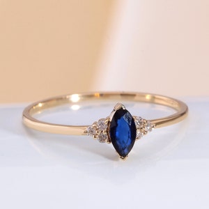 Marquise Sapphire Ring with Diamond Straight Band Ring in 14K Solid Gold | LR00069DS