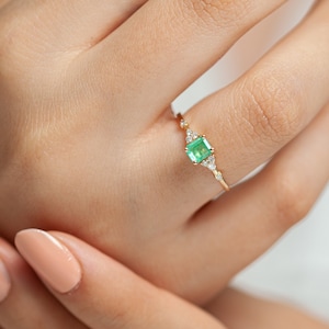 Dainty Ring,Emerald with Diamonds Ring,14K Yellow Solid Gold,Minimalist Engagement-Promise Ring image 2