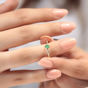 Dainty Ring with Oval cut Emerald and Sprinkled Diamonds in 14K Yellow Solid Gold Minimal Engagement Ring Multi-stone LR00059DE image 5