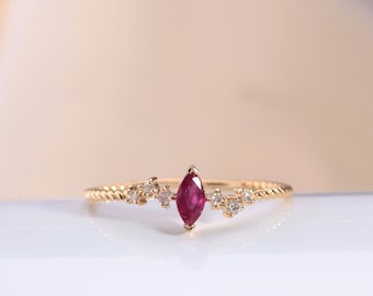 Twisted Shank Ring with Multi-stone,Marquise Shaped Ruby Ring in 14K Yellow Solid Gold,Marriage Proposal Ring Gold
