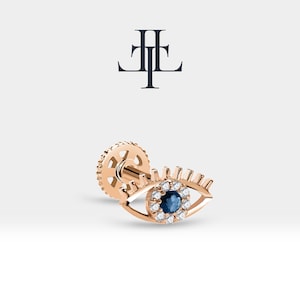 Perforación de cartílago Tragus, mal de ojo con perforación de diamante y zafiro, pendiente único, oro sólido de 14K, 16G (1,2 mm), LP00013S