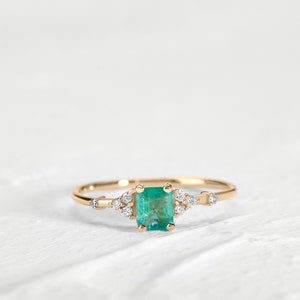 Dainty Ring,Emerald with Diamonds Ring,14K Yellow Solid Gold,Minimalist Engagement-Promise Ring image 1