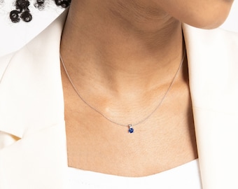 0,26 Ct Solitaire Necklace,Three Size Available Sapphire Necklace,Floating Solitaire Sapphire Pendant in 14K Solid Gold| LN00001S