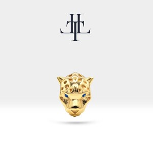 Cartilage, Tragus Piercing Tiger Design Sapphire Piercing in 14K Solid Gold, 16G(1.2mm), 8mm Bar Length, Wild Animal Piercing | LP00043S