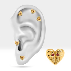 Piercing a forma di cuore in oro 14 carati, perno per cartilagine con occhio di rubino, orecchino per trago e elice 16 g, labret piatto gotico, gioielli romantici gotici, barra da 8 mm