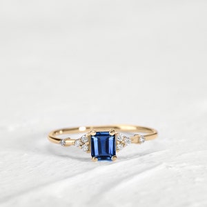 Princess Cut Blue Sapphire Dainty Ring with Diamonds in 14K Yellow Solid Gold Engagement Minimal Ring Multi-Stone Ring LR00061DS Rose Gold