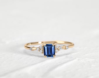 Princess Cut Blue Sapphire Dainty Ring with Diamonds in 14K Yellow Solid Gold Engagement Minimal Ring Multi-Stone Ring | LR00061DS