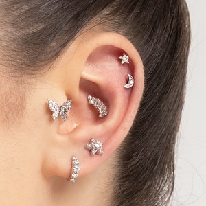 14K Gold Diamond Crescent Moon Piercing: 16G Cartilage Earring 8 mm Bar | LP00015D