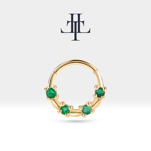 Helix Hoops with Emerald in 14K Yellow-White-Rose Solid Gold Cartilage Clicker Single Piercing 16G(1.20mm),13mm Outer| LC00009E
