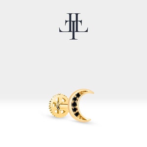14 kt massief gouden kraakbeen-maanontwerppiercing met zwarte diamant 16G (1,2 mm) schroefpiercing, staaflengte 8 mm, LP00034B
