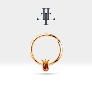 Cartilage Hoop,Round Cut Ruby Tulip Design Clicker,Single Earring,14K Solid Gold,18G(1.00 mm)| LC00038R