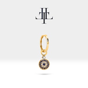 Huggie Hoop Earring,14K Yellow Solid Gold,Evil Eye Design Diamond&Sapphire Earring,Dainty Hoop Earrings, LE00041SD