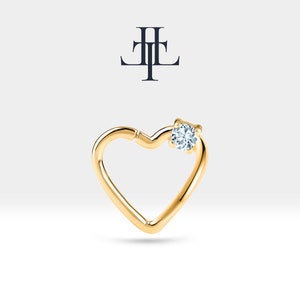 Cartilage Heart Clicker Solitaire Diamond Heart Clicker,Single Earring,14K Yellow-White-Rose Solid Gold,16G(1.2mm),13mm Clicker| LC00010D