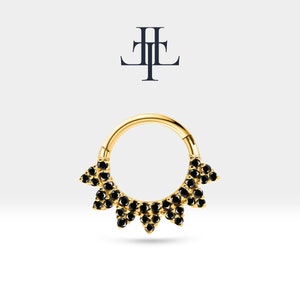 Hoop Clicker Piercing in 14K Solid Gold,Black Diamond Daith Piercing,Helix Hoop Earring,Septum Ring,16G(1.2mm)| LC00041B