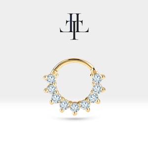 Cartilage Hoop Clicker with Nine Pieces Diamond,Single Earring,14K Solid Gold,16G(1.2mm),13mm Outer| LC00006D