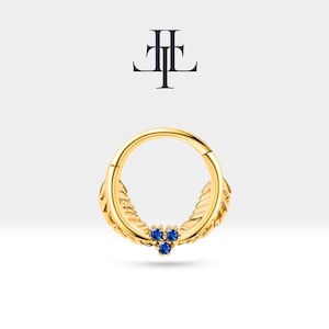Cartilage Hoop Leaf Design Sapphire Clicker Piercing,Single Earring,14K Yellow-White-Rose Solid Gold,16G(1.2mm), LC00003S