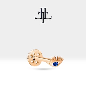 Evil Eye Tragus Piercing Gold with Sapphire Screw Back Piercing in 14K Solid Gold,16G(1.2mm),8mm Bar Length,LP00012S