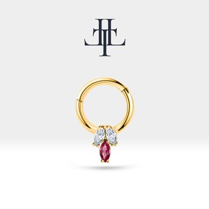 Knorpel-Creolen-Piercing,Diamant mit Marquise-Schliff und Rubin Clicker, Einzelohrring, 14K Gold, 16G (1,2 mm), 10 mm Außen | LC00022DR