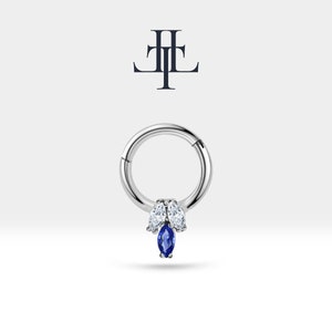 Cartilage Hoop Piercing,Marquise Cut Diamond and Sapphire Piercing,Single Earring,14K White Yellow Rose Solid Gold,16G(1.2mm)| LC00022DS