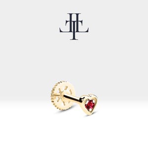 Cartilage Piercing,Heart Shaped Piercing,Round Cut Ruby Piercing in 14K Yellow-White-Rose Solid Gold,16G(1.2mm)8mm Bar Length,LP00017R