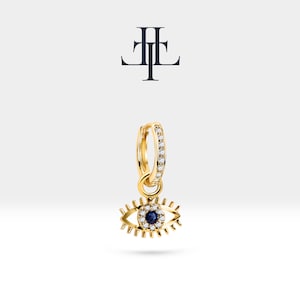 Orecchini Huggie delicati con design Evil Eye, orecchini pendenti con zaffiri e diamanti, oro giallo massiccio 14 carati, cerchio in conchiglia d'oro, cerchio minimalista