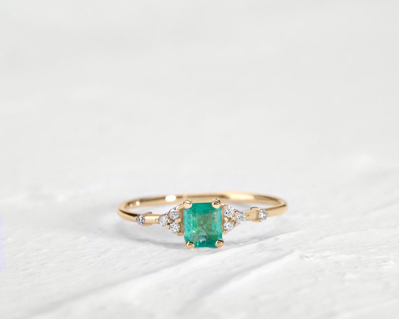 Dainty Ring,Emerald with Diamonds Ring,14K Yellow Solid Gold,Minimalist Engagement-Promise Ring image 1