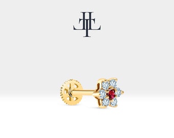 Flower Shaped Flat Back Piercing with Diamond&Ruby in 14K White Yellow Rose Solid Gold Piercings 16G(1.2 mm) 8mm Bar Length, LP00004DR