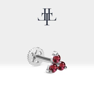 Cartilage Tragus Three Stone Piercing, Round Cut Ruby Piercing,14K White-Yellow-Rose Solid Gold,16G(1.2mm),LP00021R