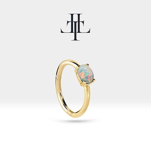 Cartilage Hoop Oval Opal Earring Single-Pair Earring for Earlobe in 14K Yellow-White-Rose Solid Gold 16G(1.2mm),12mm Outer|LE00007O