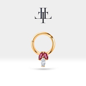 Cartilage Hoop Clicker with Marquise diamond and Ruby Piercing Multi-Stone Hoop in 14K Solid Gold Helix 16G(1.2mm) 10mm | LC00023RD