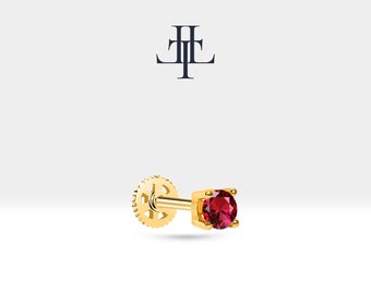 Cartilage Ruby Piercing,Single Daith Piercing in 14K Solitaire White-Yellow-Rose Solid Gold,16G(1.2 mm),8mm Bar Length,LP00018R