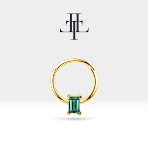 Hoop Cartilage Piercing in 14K Solid Gold Helix Hoops with Baguette Emerald 16g Hoop 12mm Outer| LC00007E