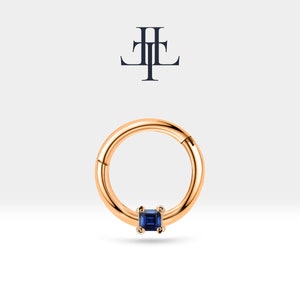 Princess cut Blue Sapphire Hoop Cartilage mini Hoops in 14K Yellow-White-Rose Solid Gold, 16G(1.2mm), 10-12 mm Outer| LC00034S