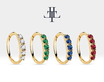 Huggie Earrings with 5 gemstone,Diamond-Sapphire-Green Garnet,Ruby available in 14K Yellow-White-Rose Solid Gold 16G,13mm Outer| LE00017