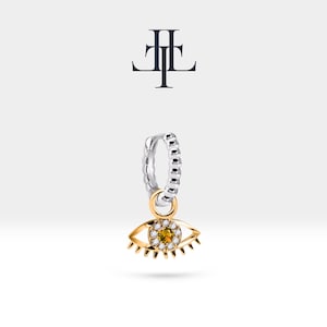 Evil Eye Design Dainty Huggie Earrings,Diamond Dangle Earring,14K Yellow Solid Gold,Beads Shank Earring,Halo Set Diamond Earring