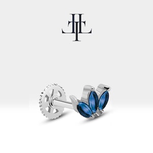 Cartilage Tragus Piercing,Three Marquise Cut Sapphire Piercing in 14K Yellow Solid Gold,8mm Bar Length,16G(1.2mm),LP00025S