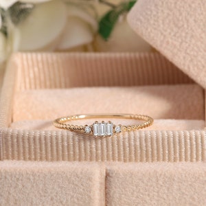 Twisted Band Baguette and Round Cut Diamond Ring,14K Yellow Solid Gold, Wedding Engagement Ring, Anniversary Gift, Christmas Gifts