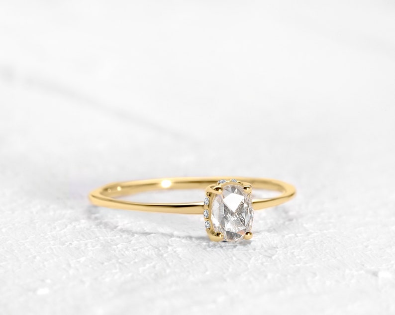 Straight Shank Rose Cut Diamond Ring,14K Yellow Solid Gold,Prong Setting Solitaire Dainty Ring image 2